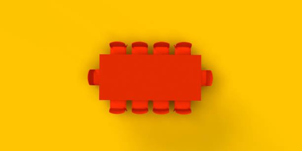 Corporate discussing business strategy and planning concept: 3d modern empty office board room. Conference meeting table and chairs on yellow background with copy space. Brainstorming, formal communication, seminar.