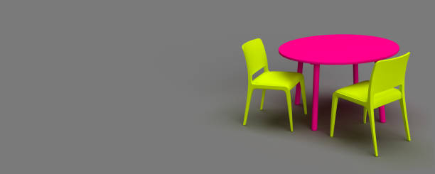 istock Round pink table with two yellow chairs. Side view. 1443510624