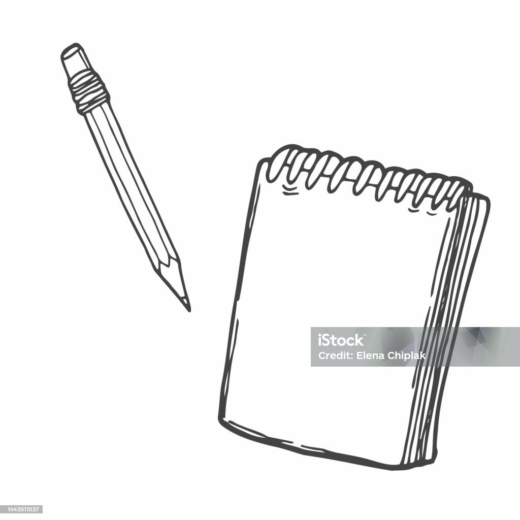 Stock ilustrace Ručně Kreslený Čmáraný Náčrt Otevřený Zápisník S Tužkou –  stáhnout obrázek nyní