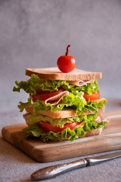 istock Homemade sandwich with cheese, ham, tomatoes and vegetables 1443511055