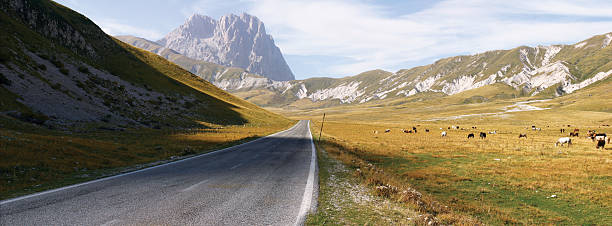 mountain street am campo imperatore - horse panoramic scenics prairie stock-fotos und bilder