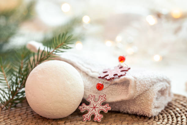 istock Winter spa composition with body care items and decor details. 1443511611