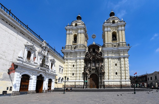 Lima, Peru, November 2, 2021: View of the Basilica and Convent of San Francisco in the historic center of the Peruvian capital on a sunny day.