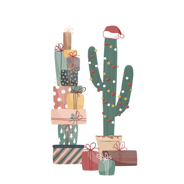 istock Xmas gift boxes and big potted cactus decorated with garland and Santa hat. Vector illustration isolated on white. Flat cartoon clipart for cards, posters, prints 1443514357