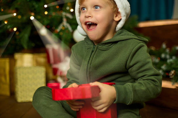 istock Boy is happy to receive beautifully packaged New Year gift under Christmas tree 1443514909