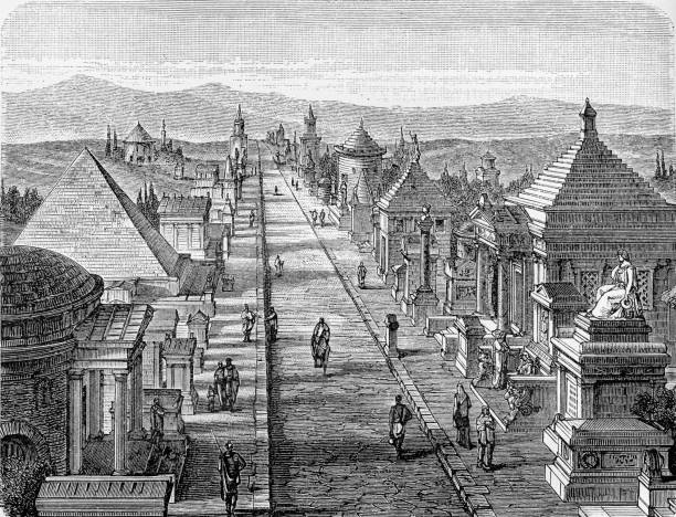 The via appia at roman time in the antiquity, flanked by grave memorials and monuments