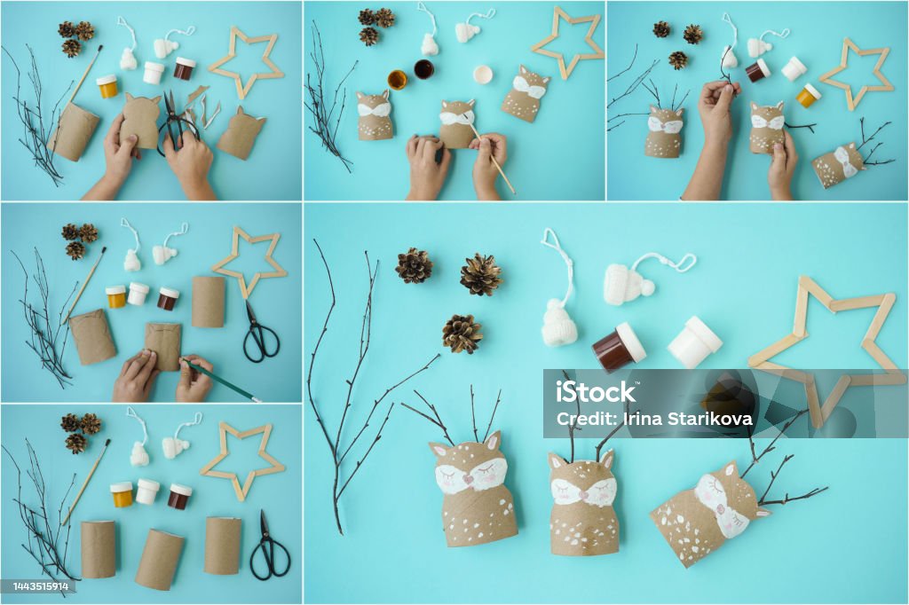 Decorations for Christmas party from toilet roll with the numbers 2023 on a blue background. Easy eco-friendly DIY master class, craft for kids. Development imagination and sensory motor skills Christmas Stock Photo