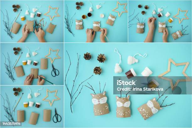 Decorations For Christmas Party From Toilet Roll With The Numbers 2023 On A Blue Background Easy Ecofriendly Diy Master Class Craft For Kids Development Imagination And Sensory Motor Skills Stock Photo - Download Image Now
