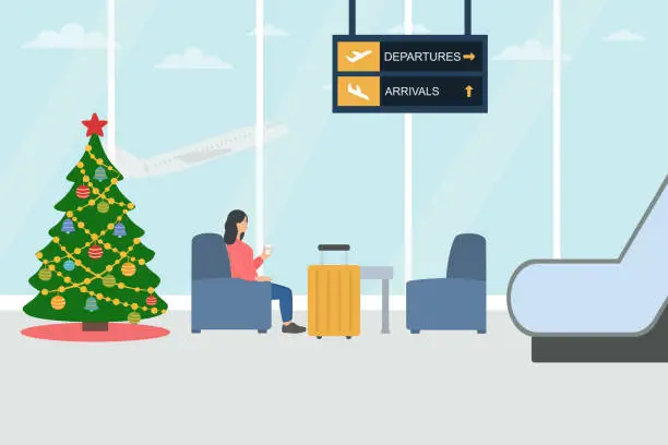 Vector illustration of Christmas Vacation Concept. Young Woman Drinking Coffee And Waiting For Flight In Airport . Airport With Christmas Tree, Ornaments And Flying Airplane Through The Window