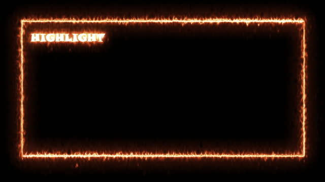 Seamless abstract burning of neon glowing ultraviolet lines has text on top. Looping rectangular animation frame on transparent background with alpha channel. The border design is a fire orange art.