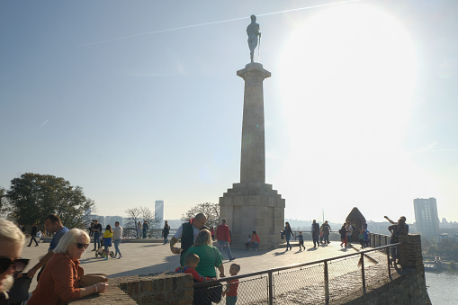 Belgrade, Serbia - 10/30/2022: Famous monument Pobednik in the city of Belgrade Kalemegdan fortress on a sunny atumn day.