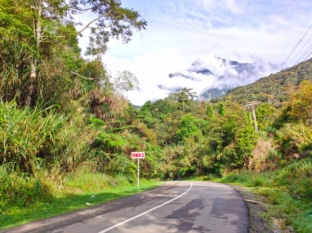 istock Signboard Awas meaning is danger in Malay language. Road path to somewhere idea concept. Wet on asphalt road. 1443517982