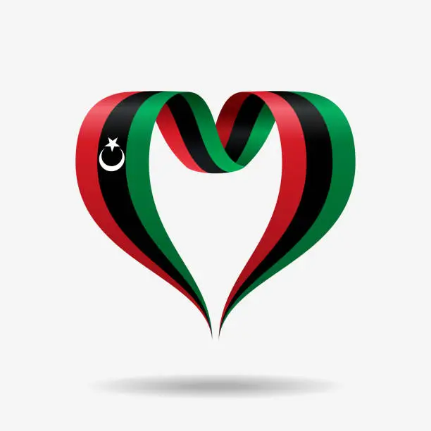 Vector illustration of Libyan flag heart-shaped ribbon background layout. Vector illustration.