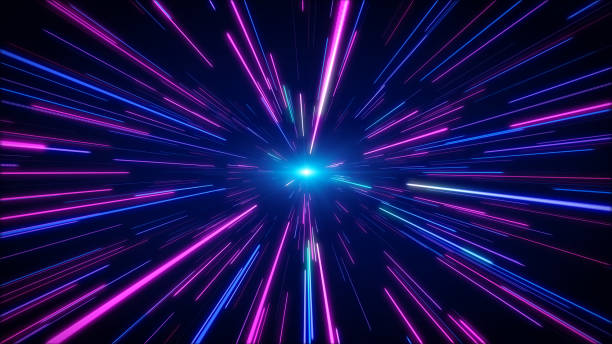 istock Hyperjump in space. Multicolored glowing neon rays. High speed tunnel motion zooming in. 3d rendering 1443520648