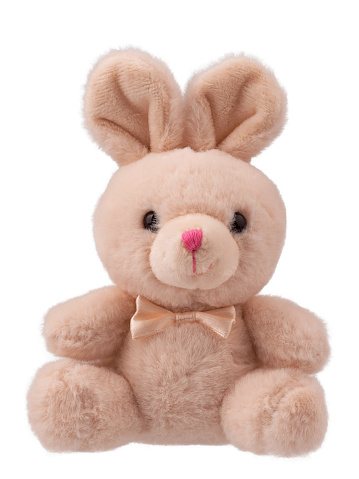 stuffed toy hare , fluffy rabbit with a bow, isolated