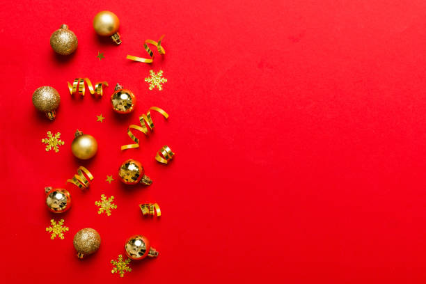 istock Christmas composition. a pattern of christmas balls on colored background. Flat lay, top view New year decor 1443520816