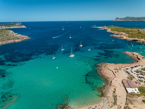Aerial view of the West Coast Islands of Ibiza at Sunset near Cala Bassa, a popular area for beaches and sunset views