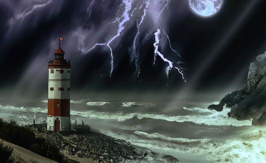 Old lighthouse at the sea shore during thunderstorm and moonlight