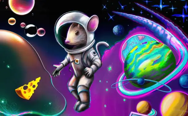 Photo of Mouse astronaut floating in space and chasing block of swiss cheese with visible planets in the background