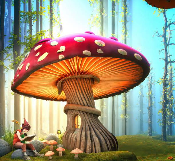 Gnome elf reading a book under a giant red mushroom house in the forest Gnome elf reading a book under a giant red mushroom house in the forest elf sitting stock pictures, royalty-free photos & images