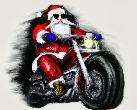 Santa Claus on riding a motorcycle while wearing sunglasses