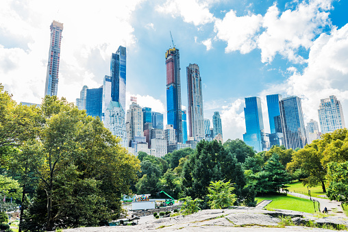 New York, USA - September 26, 2018: Central Park. Central Park view with skyscrapers in Manhattan. Popular destination for tourists. New York City, USA.