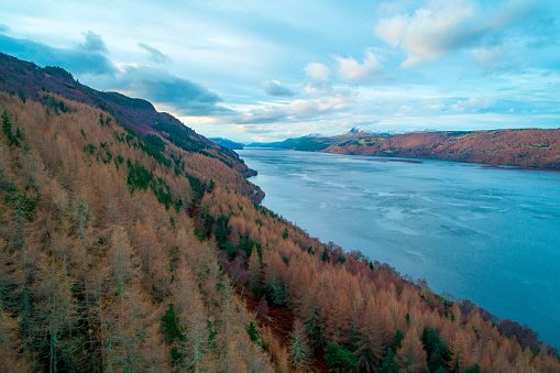 Loch Ness a famous body of water in Scotland seen from an aerial view