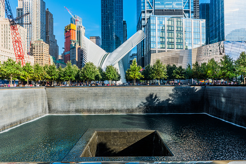 New York, USA - September 26, 2018: 9/11 Memorial at World Trade Center. National September 11 Memorial at Manhattan, New York City. USA.