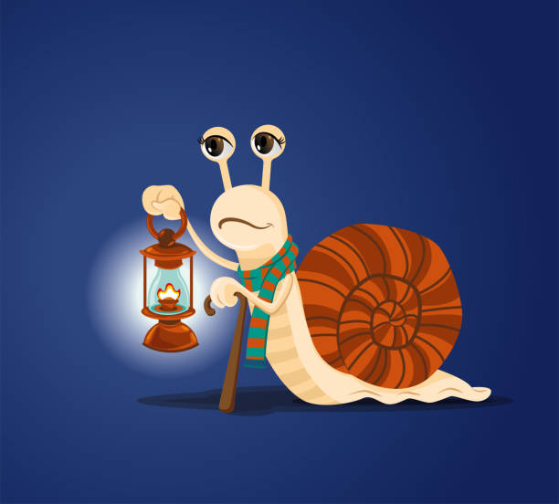 bildbanksillustrationer, clip art samt tecknat material och ikoner med inquiring snail carrying oil lamp at night - happy slowmotion