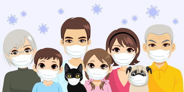 Family Corona Virus Face Masks Illustration of extended family wearing face masks together with coronavirus floating in the background, pandemic virus safety concept girl levitating stock illustrations