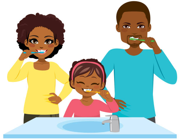 Black Family Washing Teeth Routine Happy young black family washing teeth together morning routine black man brushing teeth stock illustrations