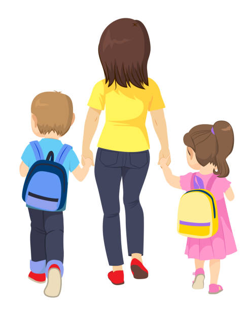 Family Back To School Back View vector art illustration