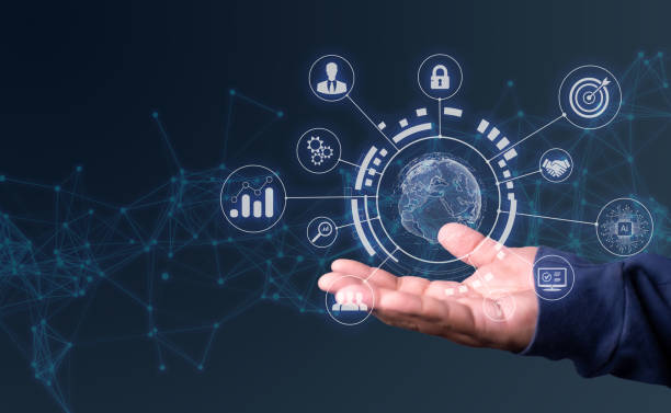 istock Businessman holding circular global network connection and global information exchange on workplace background. business network communication and technology concept 1443526056