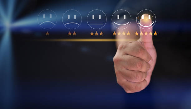 istock Customer Service Assessment Concept Virtual touch screen smiley face emoticon service 1443526132