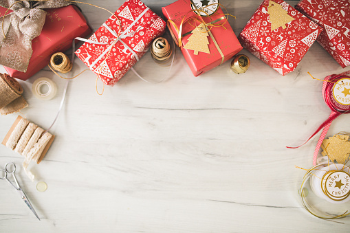 Christmas Gift Boxes on Wooden Table. top view