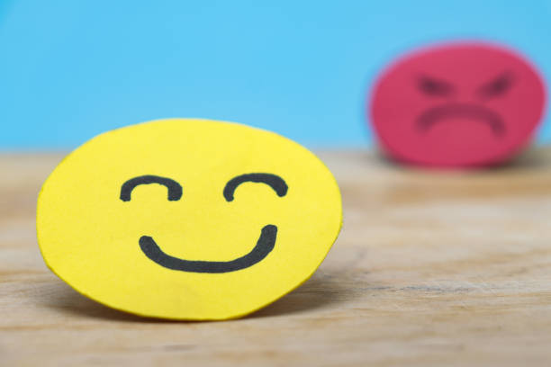 istock Happy smile face for customer review, good experience, positive feedback, satisfaction, survey, evaluation, assessment, mood, world mental health day concept 1443529971