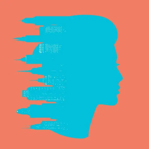 Vector illustration of Women s Profile and the City - Double Exposure, vector clipart
