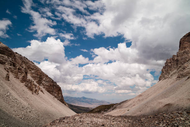Clouds over Great Basin National Park on a summer day as seen from Wheeler Cirque looking northeast towards Mt. Moriah, which is seen in the distance. Located near Baker, Nevada.