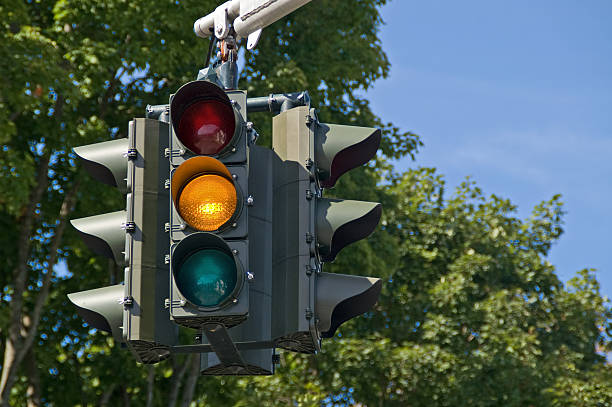 Traffic light in front of green trees with yellow light lit stock photo
