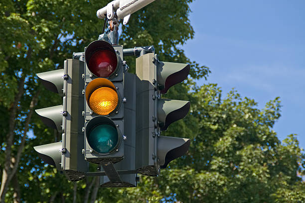 Traffic light in front of green trees with yellow light lit Yellow on a traffic signal means to slow down because the light will soon be red blue yellow lights stock pictures, royalty-free photos & images