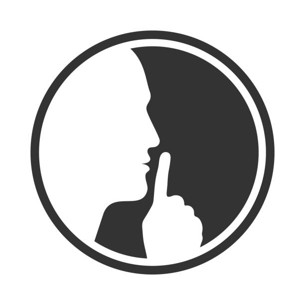 Asks silence No talking please. Head human silhouette with finger on lips. Sign ask for silence isolated on white background. Vector illustration keep calm and stock illustrations