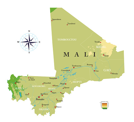 Highly detailed physical map of Mali in vector format,with all the relief forms,regions and big cities.