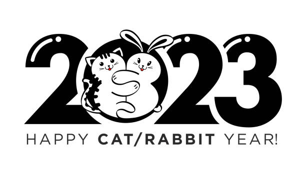 2023 cat or rabbit year 2023 chinese new year. Cartoon cute cat hugging rabbit. Vector on transparent background chinese zodiac sign stock illustrations