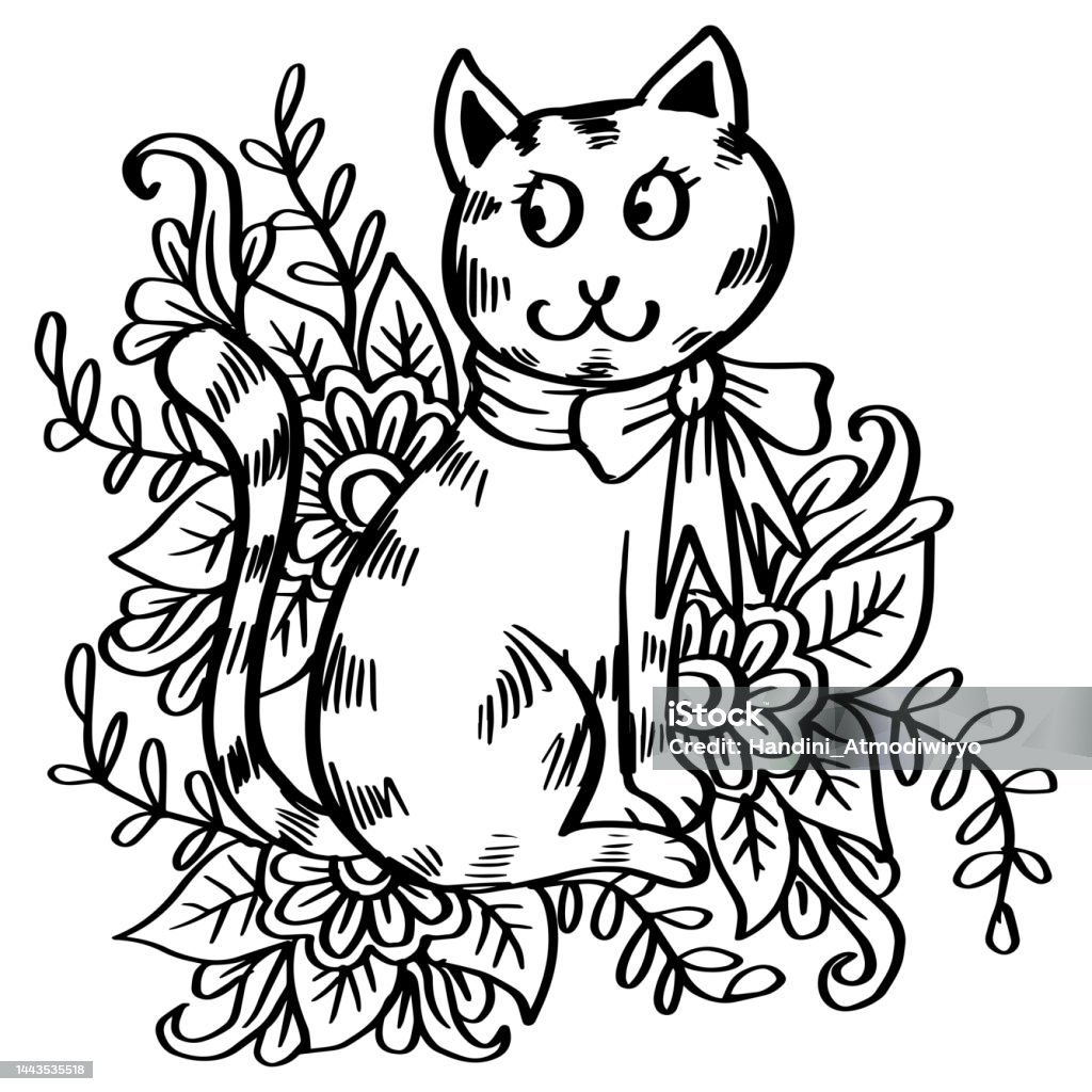 Kartun Kucing Lucu Dengan Elemen Bunga Ilustrasi Stok - Unduh Gambar