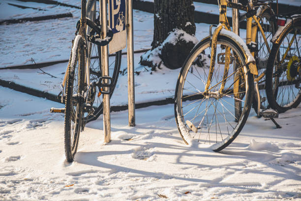snow covered bicycle leaning on wooden fence