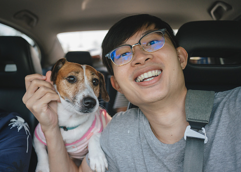 Father with son and  Jack Russell Terrier pets traveling together by auto rear seats wide angle shoot