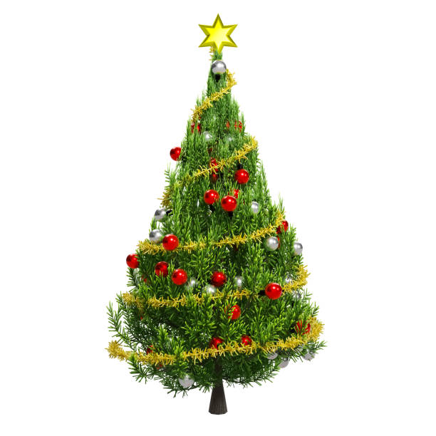 istock Christmas tree rendered in 3D with ornaments and a white backdrop. 1443540445