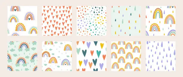 Vector illustration of Hand drawn vector abstract doodle patterns. Creative kids texture for fabric, wrapping, textile, wallpaper, apparel. Rainbow, stripes, dots, rain drops, brush strokes.