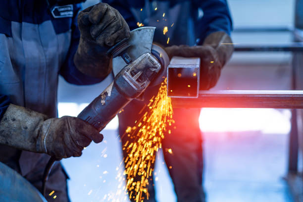 istock Industrial metal construction sparks. Heavy engineering cutting metal structure. 1443542432