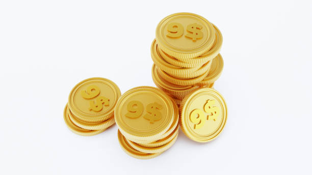 istock golden stack coins isolated on a white background. nine dollar coins 1443542477